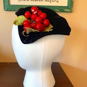 Vintage '50s midnight blue velvet cap with cherries